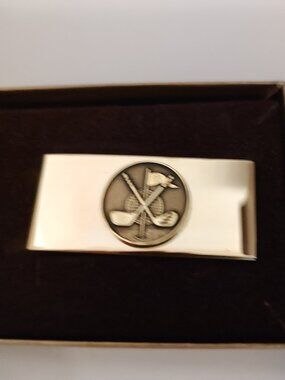VINTAGE ANSON MONEY CLIP GOLD WITH RAISED GOLF CLUBS PAT. 3,049,772 USA